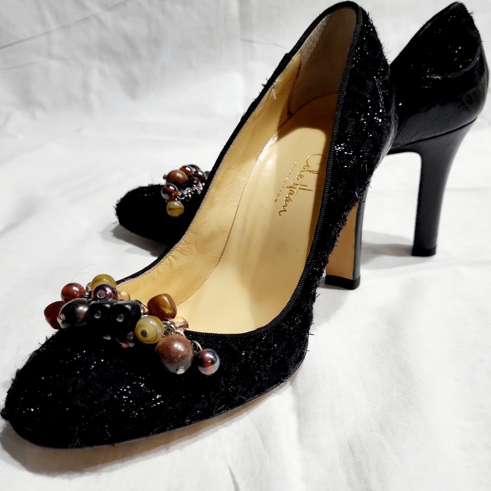 Elegant Cole Hahn Black Beaded Heels